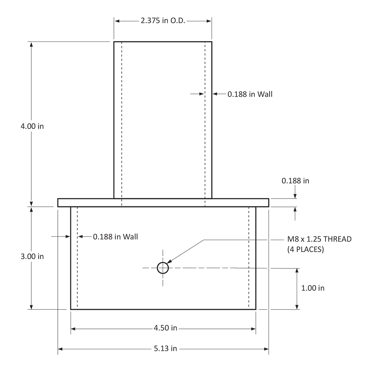 Tenon Adapter for 5 Inch Square Poles 10030 Dimensional Drawing