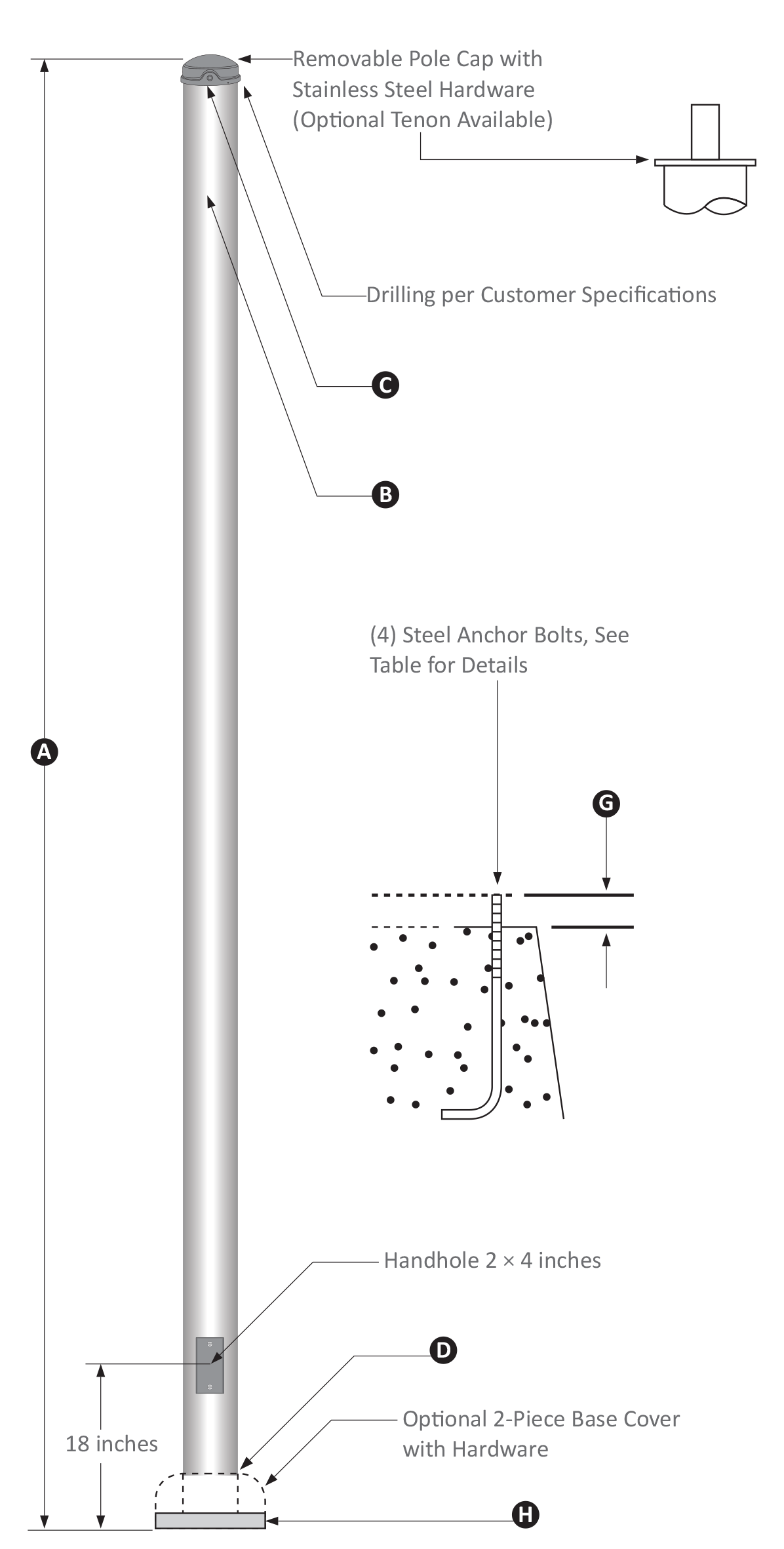 Round Aluminum Light Pole, 8-16 Foot, 4 Inch Diameter, Anchor Base, Quick Ship-Dimensional- Drawing