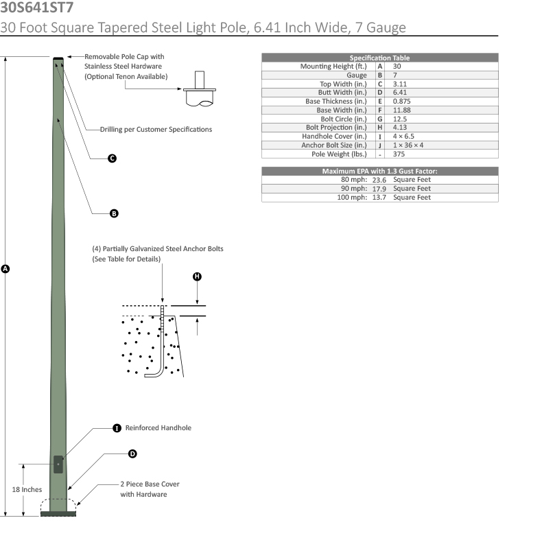30 Foot Square Tapered Steel Light Pole, 30 Foot Square Dimensional Drawing