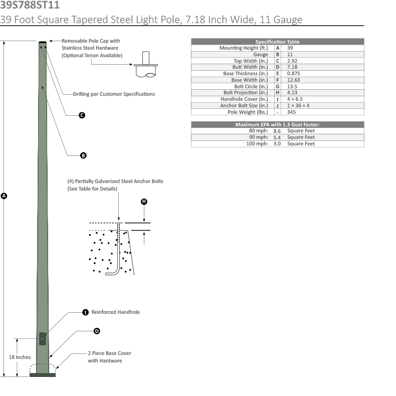 39 Foot Square Tapered Steel Light Pole, 39 Foot Square Dimensional Drawing