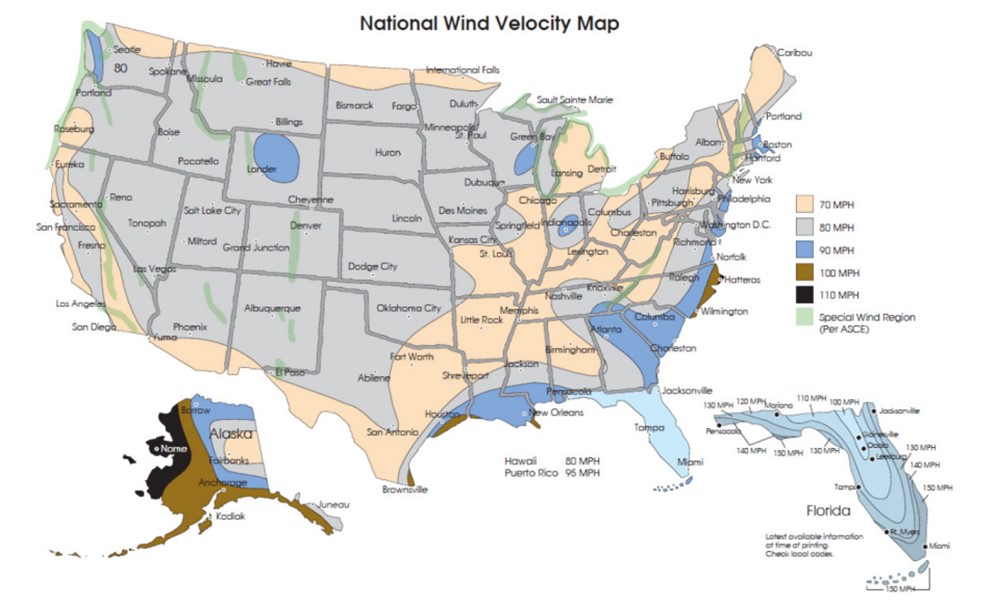 •	Map of Maximum Wind Velocity in the United States